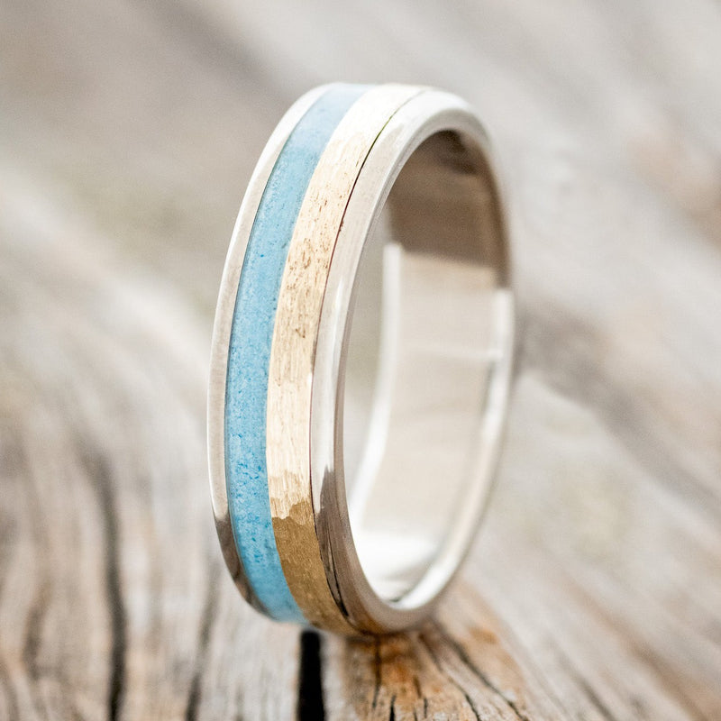 "FLYNN" - TURQUOISE & HAMMERED 14K GOLD INLAY WEDDING BAND-1