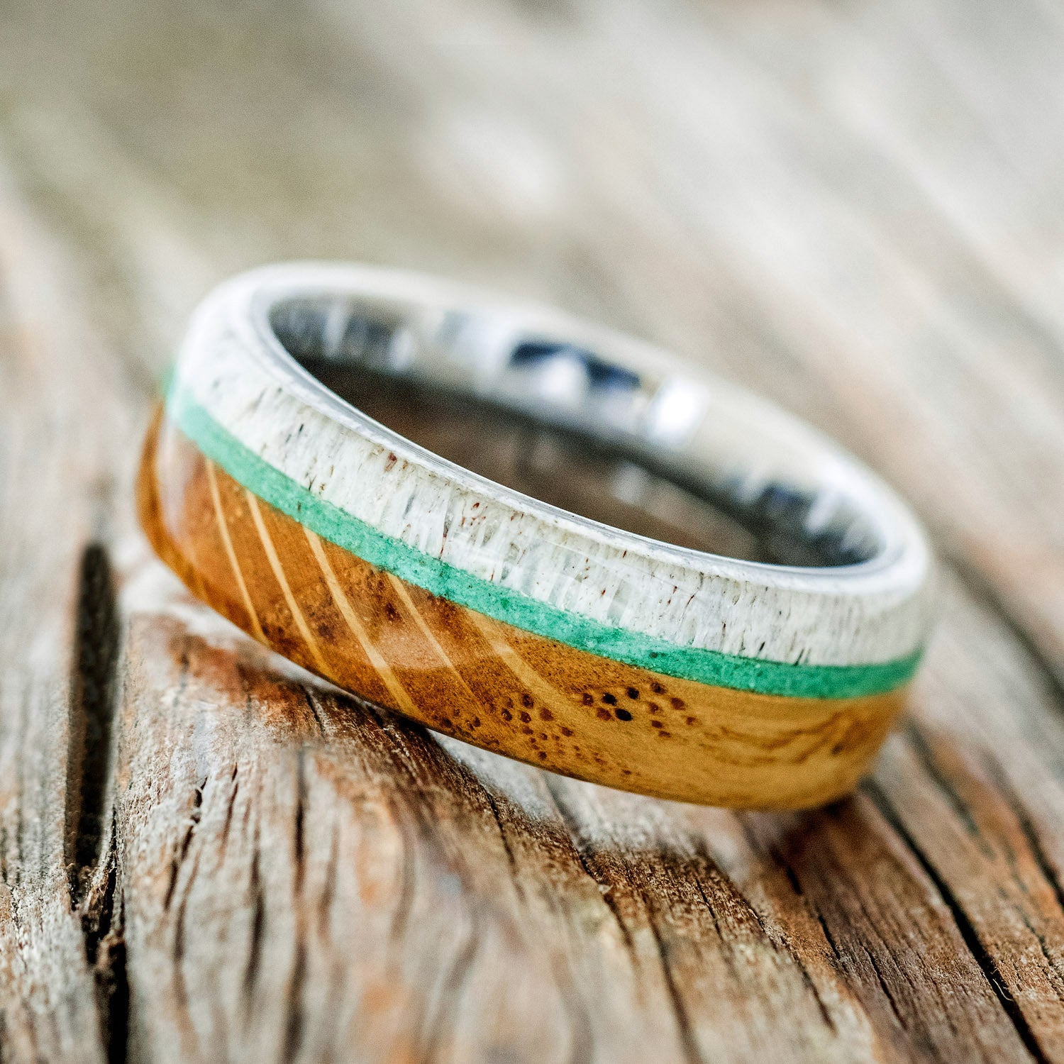 "ARGOS" - WHISKEY BARREL OAK, ANTLER & MALACHITE WEDDING BAND-2