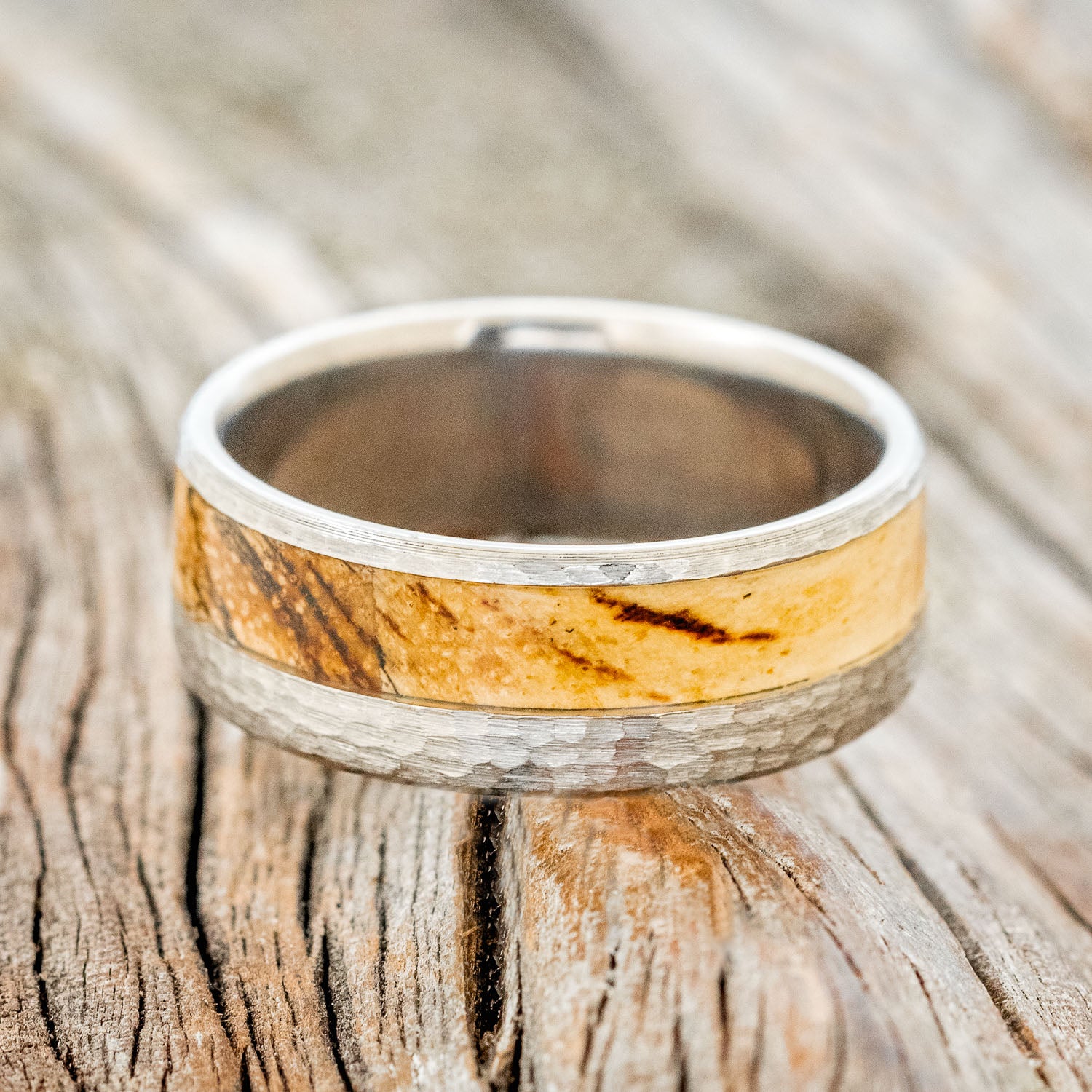 "TANNER" - SPALTED MAPLE WOOD WEDDING BAND WITH HAMMERED FINISH-3
