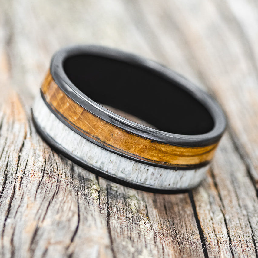 "DYAD" - WHISKEY BARREL OAK & ANTLER WEDDING BAND-11