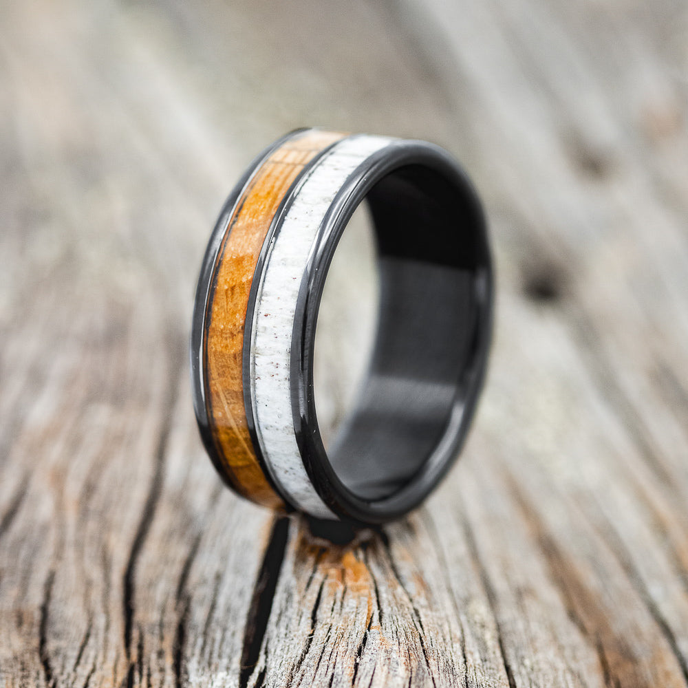 "DYAD" - WHISKEY BARREL OAK & ANTLER WEDDING BAND-10