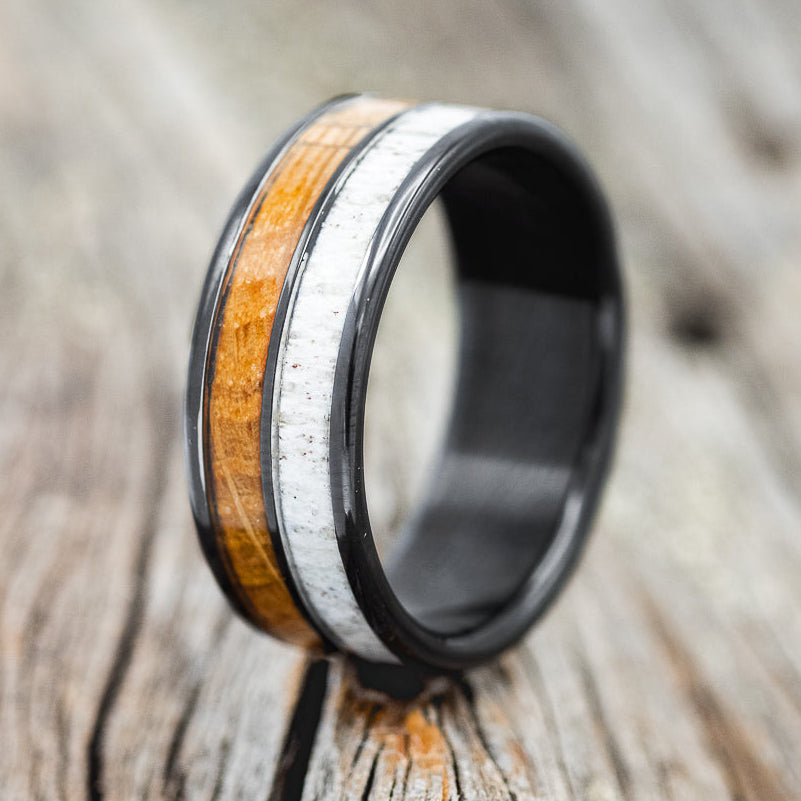 "DYAD" - WHISKEY BARREL OAK & ANTLER WEDDING BAND-10
