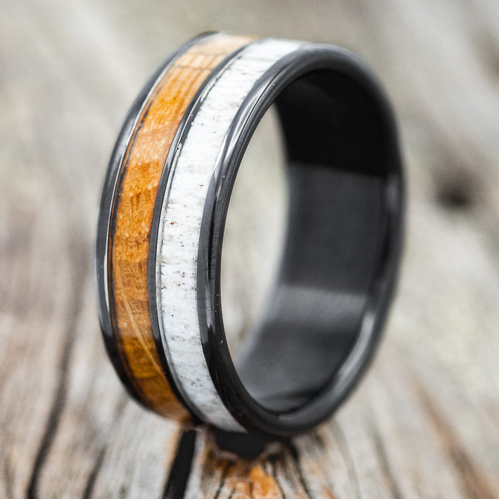 "DYAD" - WHISKEY BARREL OAK & ANTLER WEDDING BAND - READY TO SHIP-7