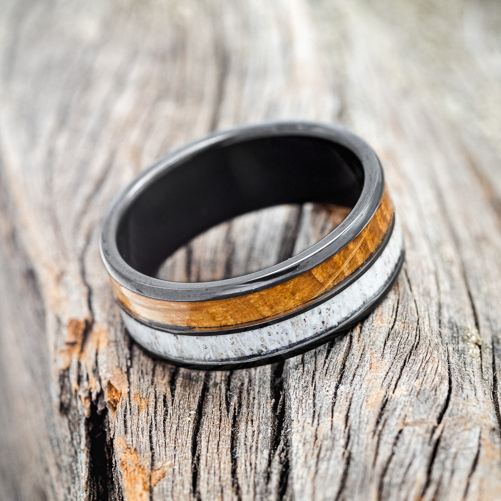 "DYAD" - WHISKEY BARREL OAK & ANTLER WEDDING BAND-12
