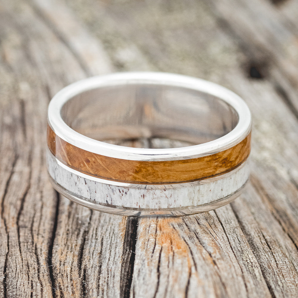 "DYAD" - WHISKEY BARREL OAK & ANTLER WEDDING BAND-9