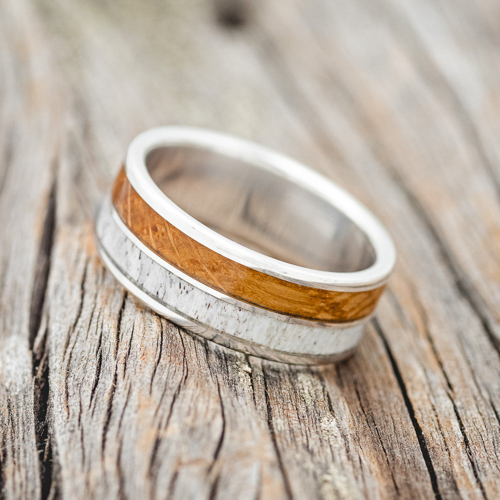 "DYAD" - WHISKEY BARREL OAK & ANTLER WEDDING BAND-8