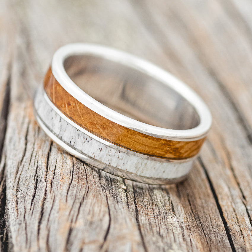 "DYAD" - WHISKEY BARREL OAK & ANTLER WEDDING BAND-8