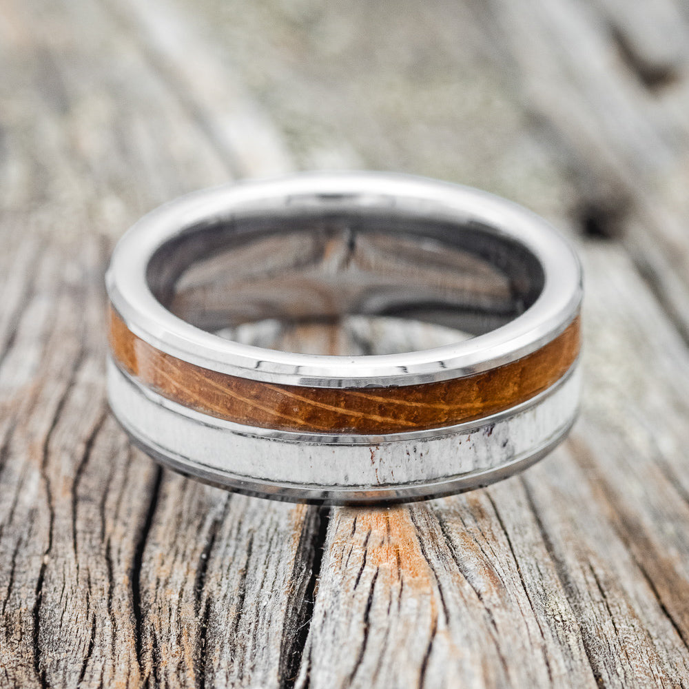 "DYAD" - WHISKEY BARREL OAK & ANTLER WEDDING BAND-6
