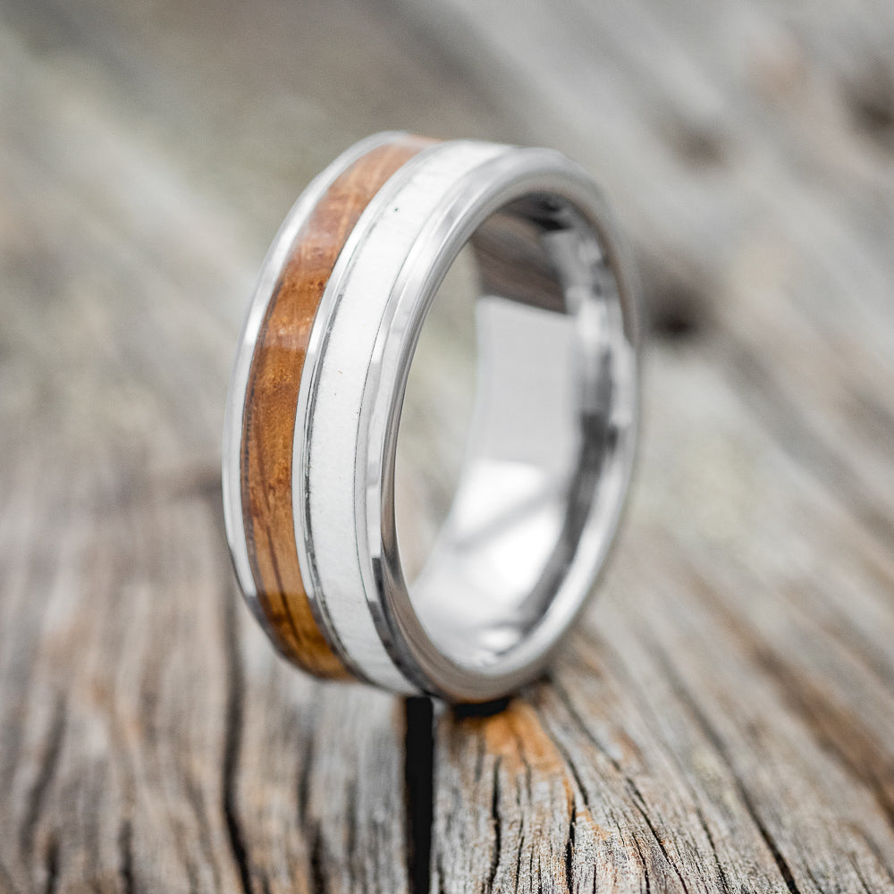 "DYAD" - WHISKEY BARREL OAK & ANTLER WEDDING BAND-4