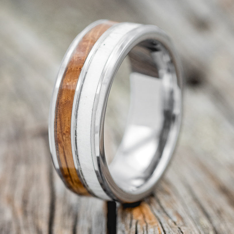 "DYAD" - WHISKEY BARREL OAK & ANTLER WEDDING BAND - READY TO SHIP-4