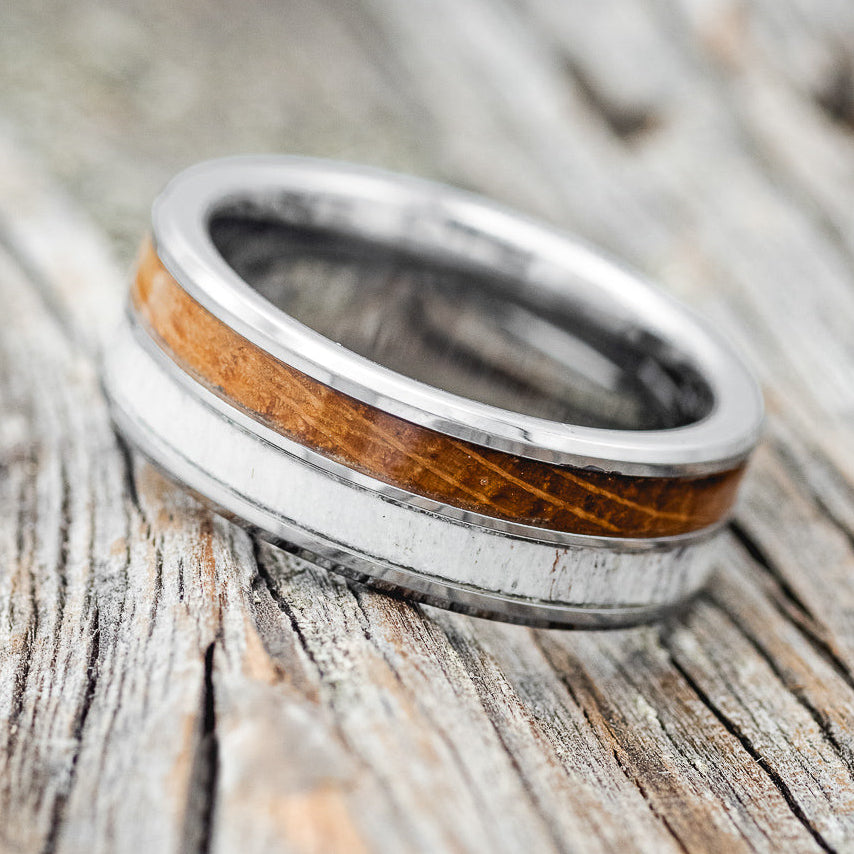 "DYAD" - WHISKEY BARREL OAK & ANTLER WEDDING BAND-5