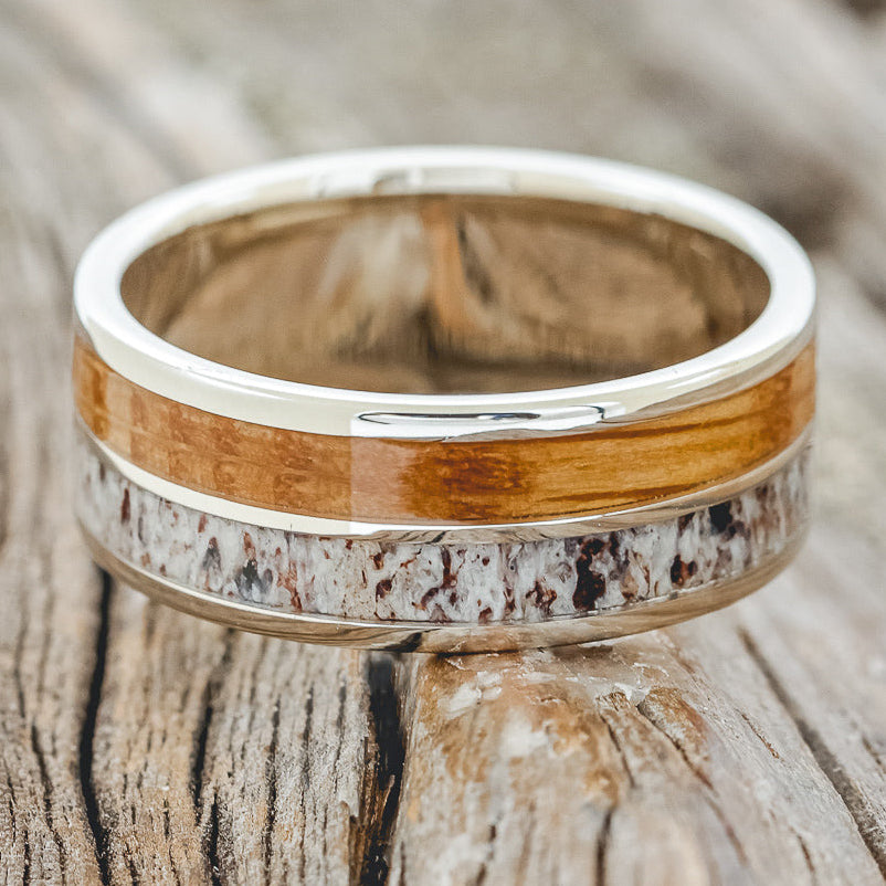 "DYAD" - WHISKEY BARREL OAK & ANTLER WEDDING BAND-16