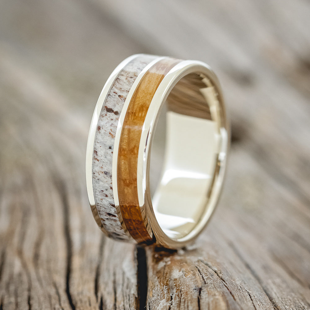 "DYAD" - WHISKEY BARREL OAK & ANTLER WEDDING BAND-14
