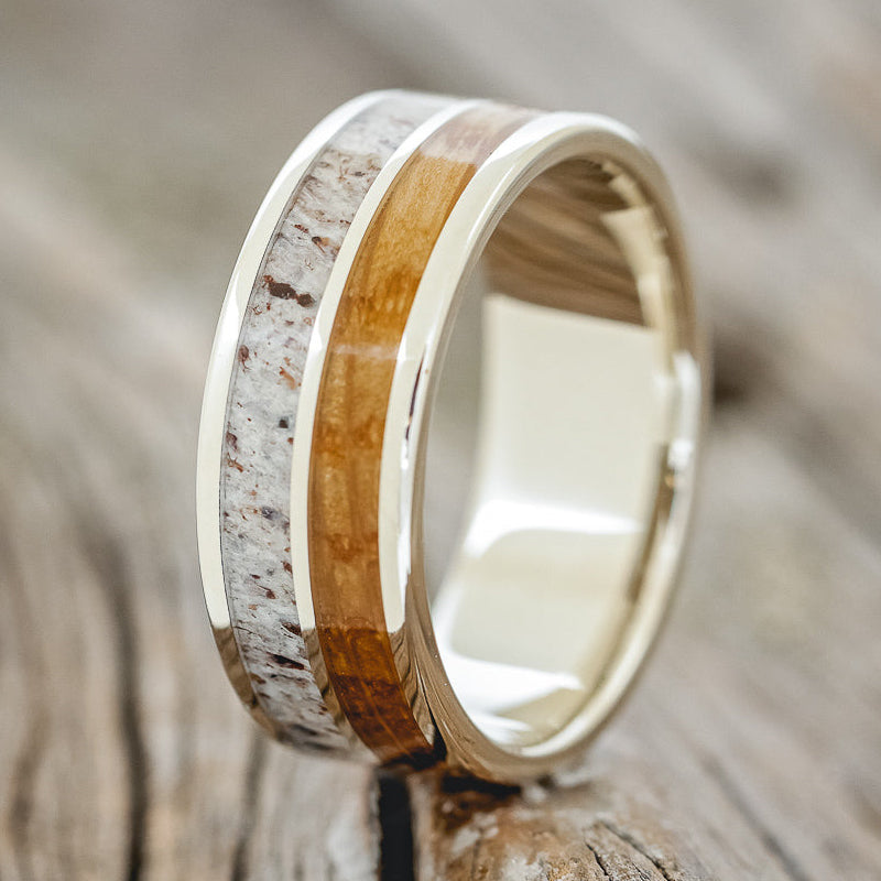"DYAD" - WHISKEY BARREL OAK & ANTLER WEDDING BAND-14