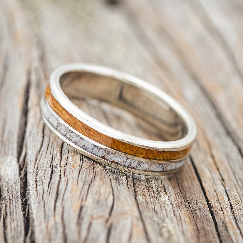 "DYAD" - WHISKEY BARREL OAK & ANTLER WEDDING RING FEATURING A 14K GOLD BAND-2