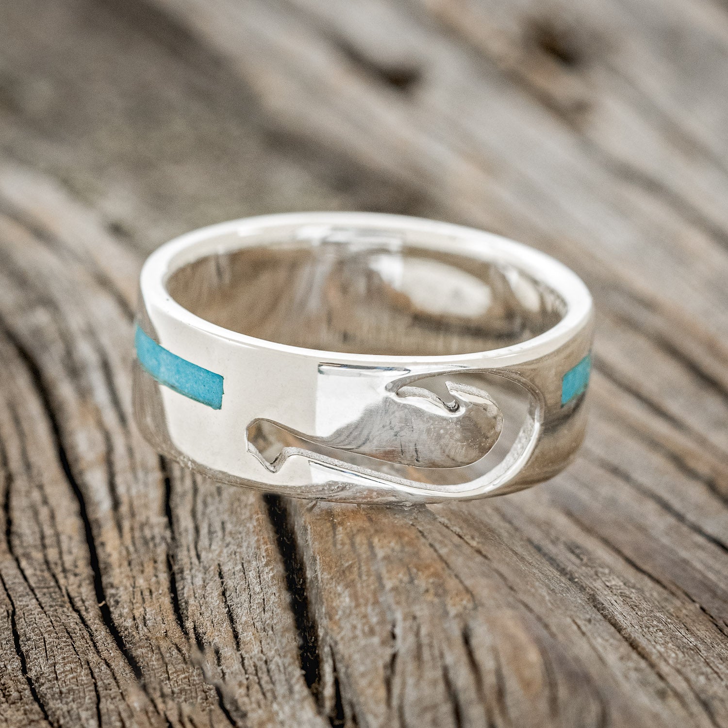 "HOOKED ON YOU" - FISH HOOK & TURQUOISE WEDDING RING-3