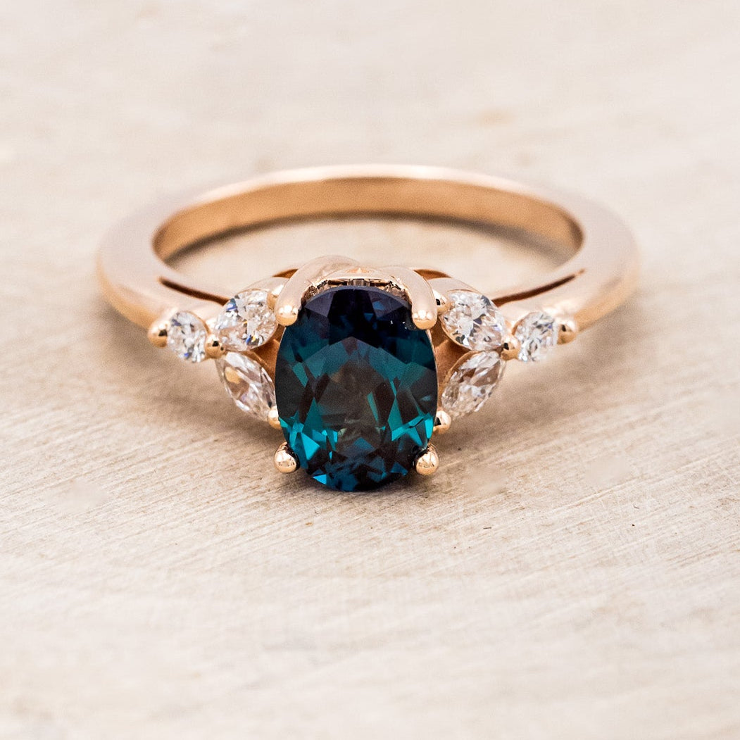 "BLOSSOM" - OVAL LAB-GROWN ALEXANDRITE ENGAGEMENT RING WITH LEAF-SHAPED DIAMOND ACCENTS-4