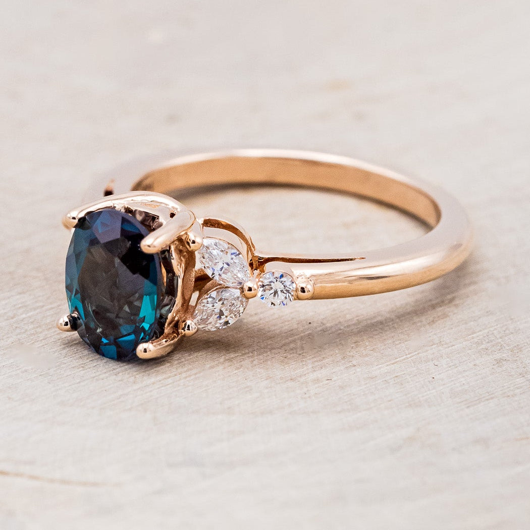 "BLOSSOM" - OVAL LAB-GROWN ALEXANDRITE ENGAGEMENT RING WITH LEAF-SHAPED DIAMOND ACCENTS-3