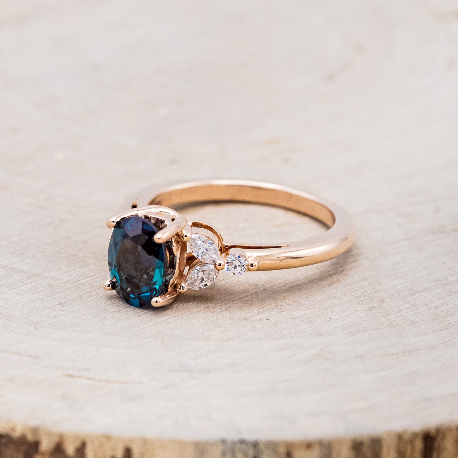 "BLOSSOM" - OVAL LAB-GROWN ALEXANDRITE ENGAGEMENT RING WITH LEAF-SHAPED DIAMOND ACCENTS-3