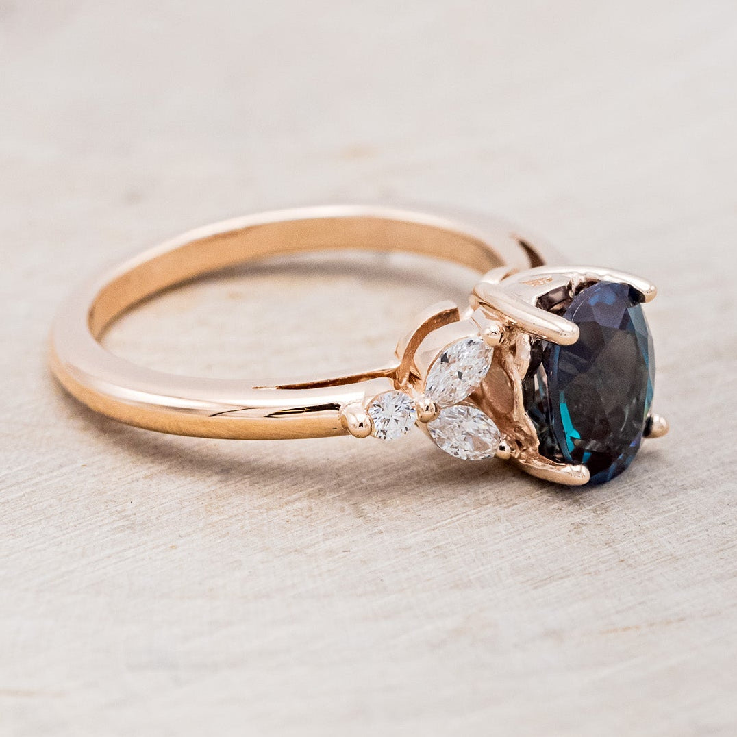 "BLOSSOM" - OVAL LAB-GROWN ALEXANDRITE ENGAGEMENT RING WITH LEAF-SHAPED DIAMOND ACCENTS-2