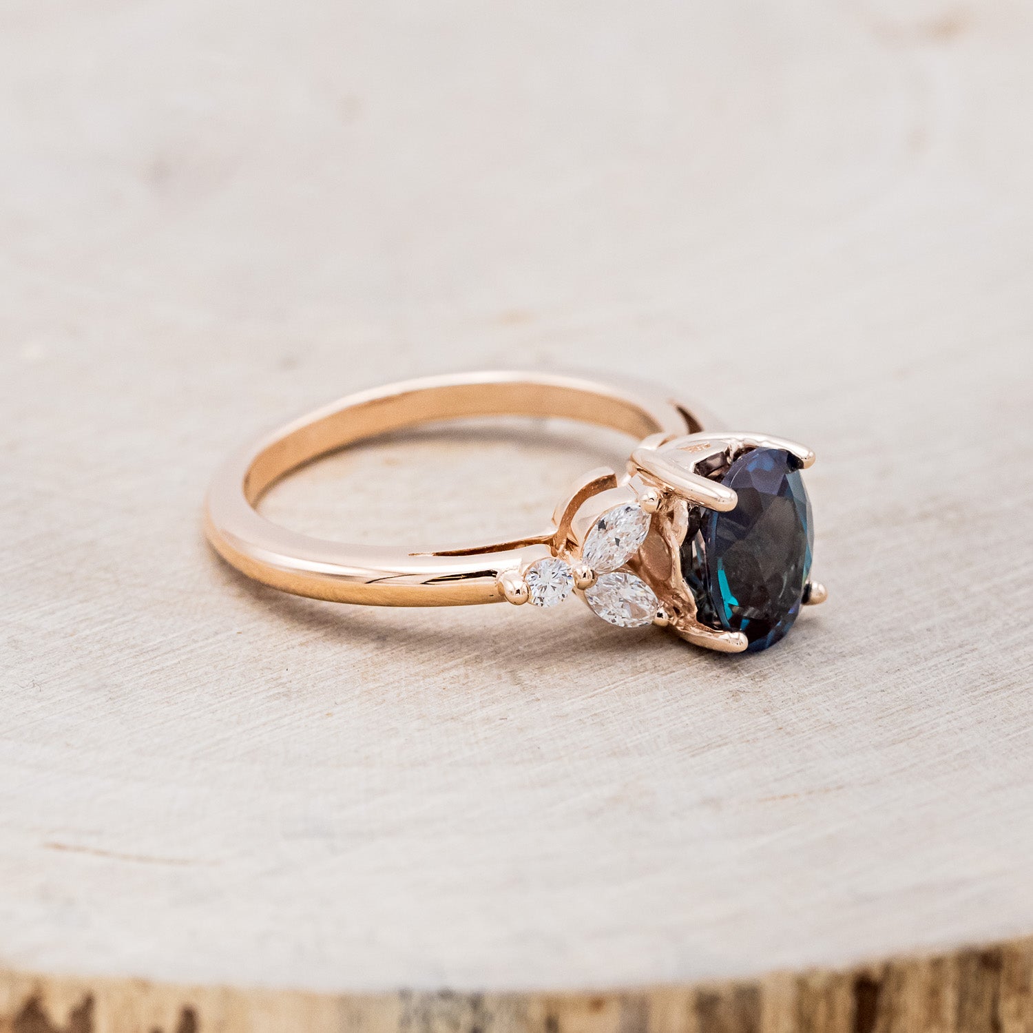 "BLOSSOM" - OVAL LAB-GROWN ALEXANDRITE ENGAGEMENT RING WITH LEAF-SHAPED DIAMOND ACCENTS-2