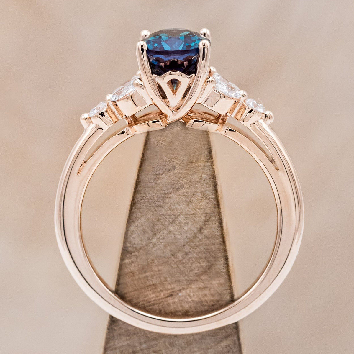 "BLOSSOM" - OVAL LAB-GROWN ALEXANDRITE ENGAGEMENT RING WITH LEAF-SHAPED DIAMOND ACCENTS-5