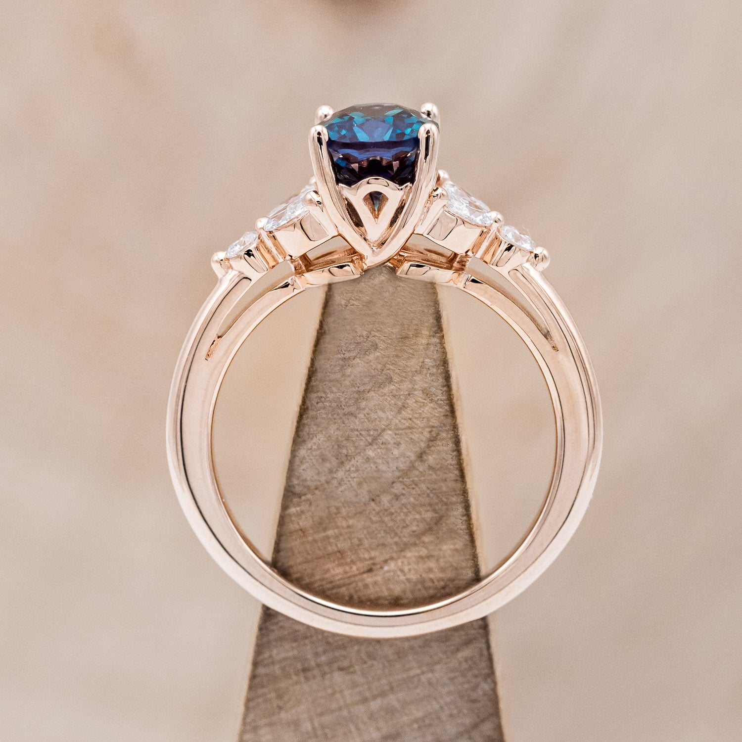 "BLOSSOM" - OVAL LAB-GROWN ALEXANDRITE ENGAGEMENT RING WITH LEAF-SHAPED DIAMOND ACCENTS-5