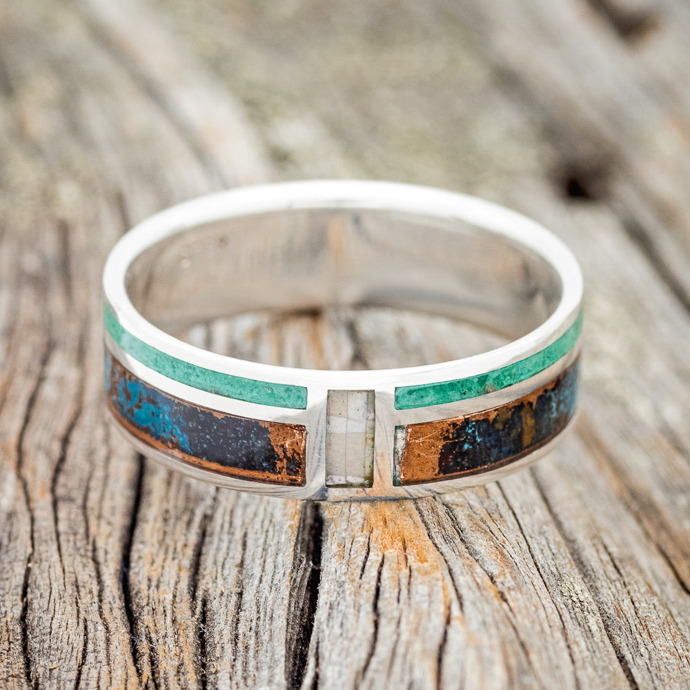 "BOWER" - PATINA COPPER, MALACHITE & MOTHER OF PEARL WEDDING BAND-3