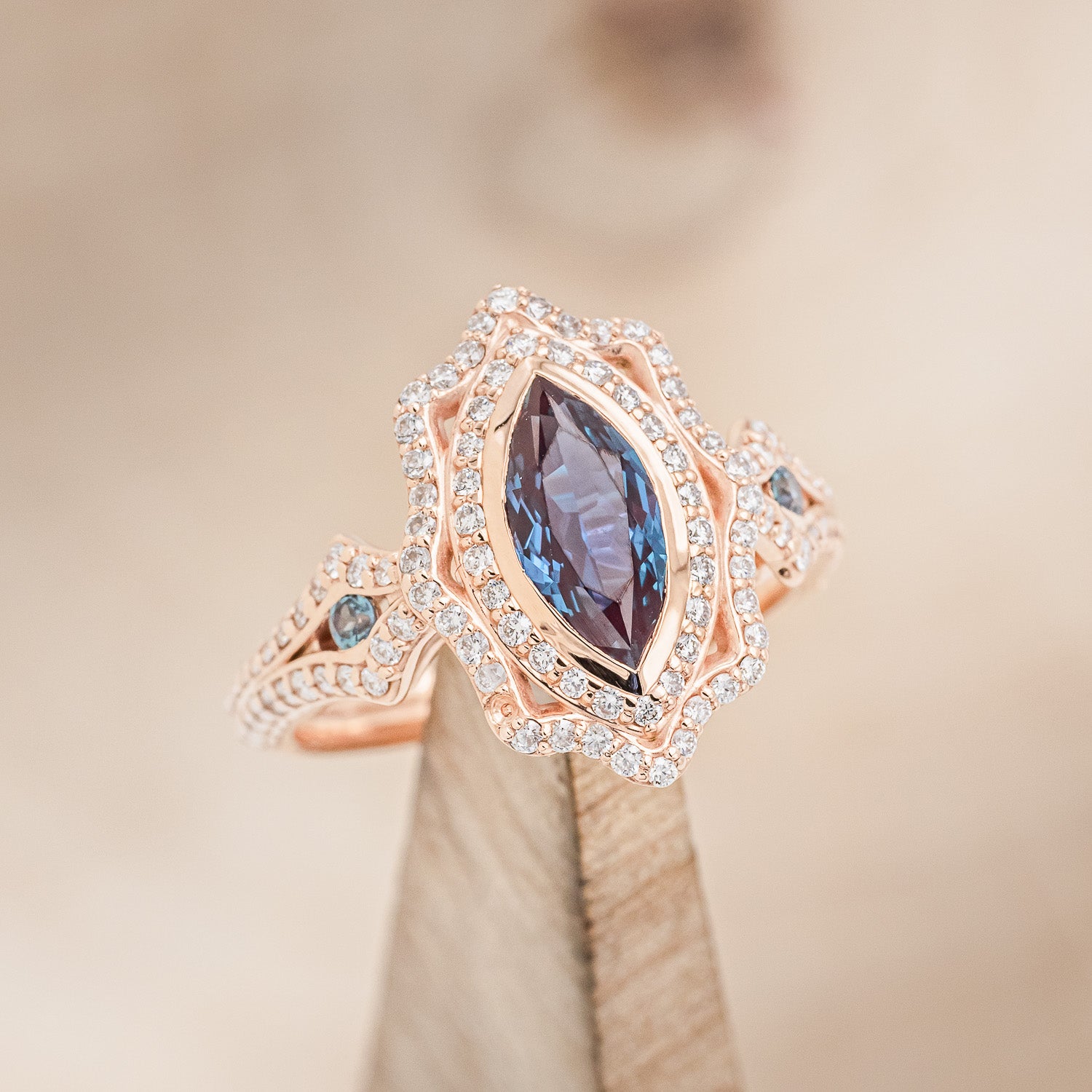 "ADELE" - MARQUISE LAB-GROWN ALEXANDRITE ENGAGEMENT RING WITH ALEXANDRITE ACCENTS, DIAMOND HALO & TRACER-7