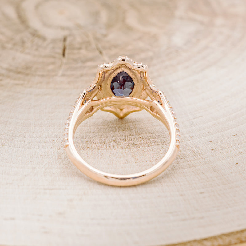 "ADELE" - MARQUISE LAB-GROWN ALEXANDRITE ENGAGEMENT RING WITH ALEXANDRITE ACCENTS, DIAMOND HALO & TRACER