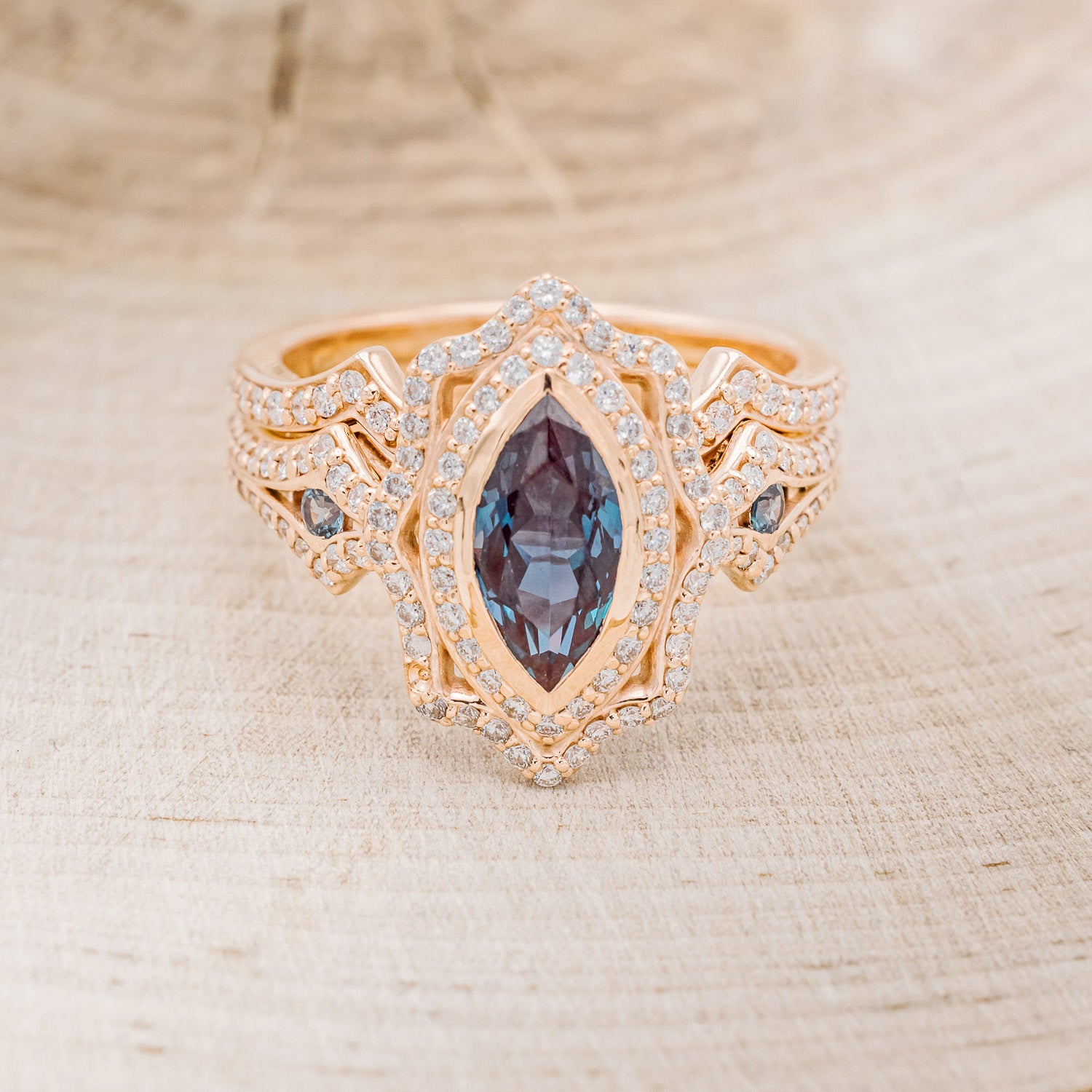 "ADELE" - MARQUISE LAB-GROWN ALEXANDRITE ENGAGEMENT RING WITH ALEXANDRITE ACCENTS, DIAMOND HALO & TRACER-4