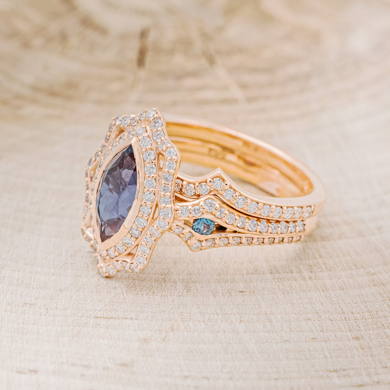 "ADELE" - MARQUISE LAB-GROWN ALEXANDRITE ENGAGEMENT RING WITH ALEXANDRITE ACCENTS, DIAMOND HALO & TRACER-3