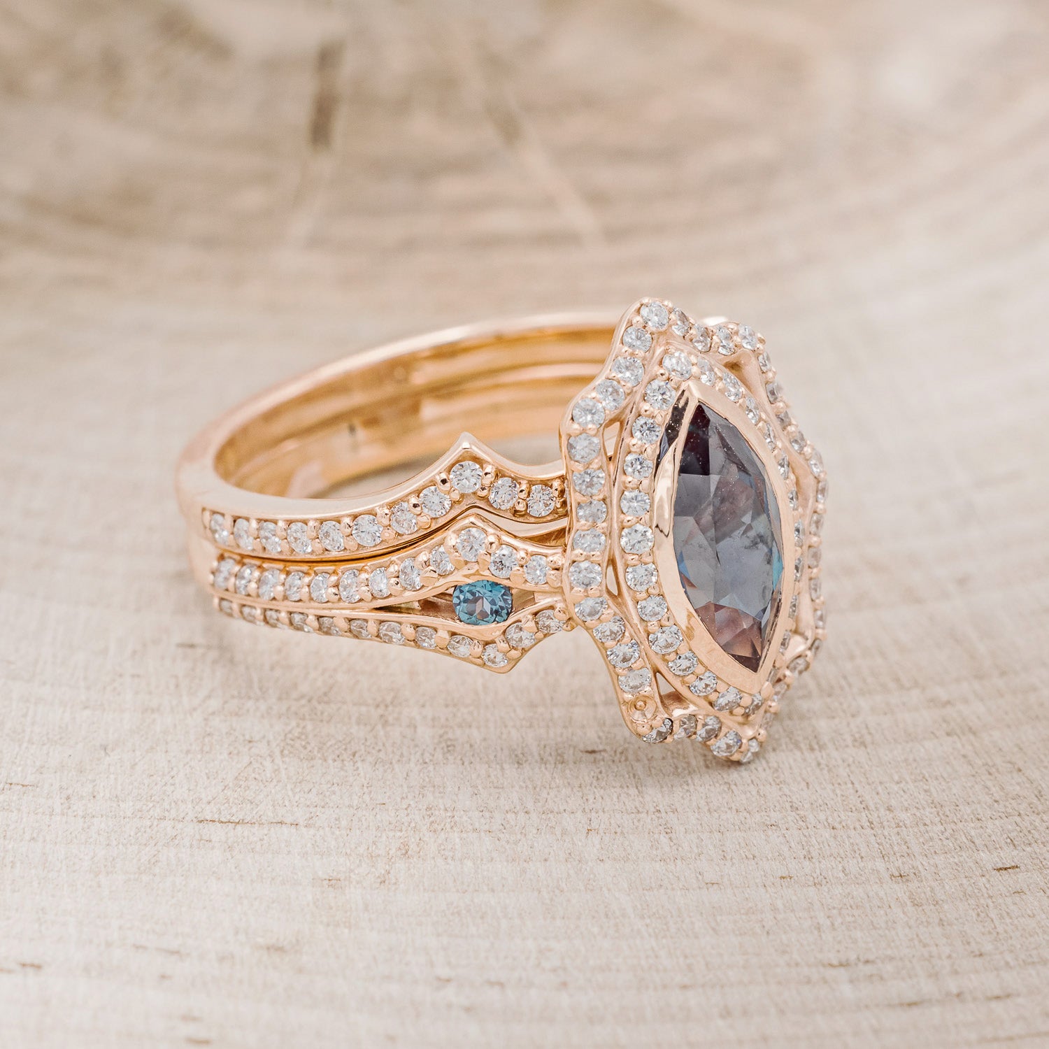 "ADELE" - MARQUISE LAB-GROWN ALEXANDRITE ENGAGEMENT RING WITH ALEXANDRITE ACCENTS, DIAMOND HALO & TRACER-2