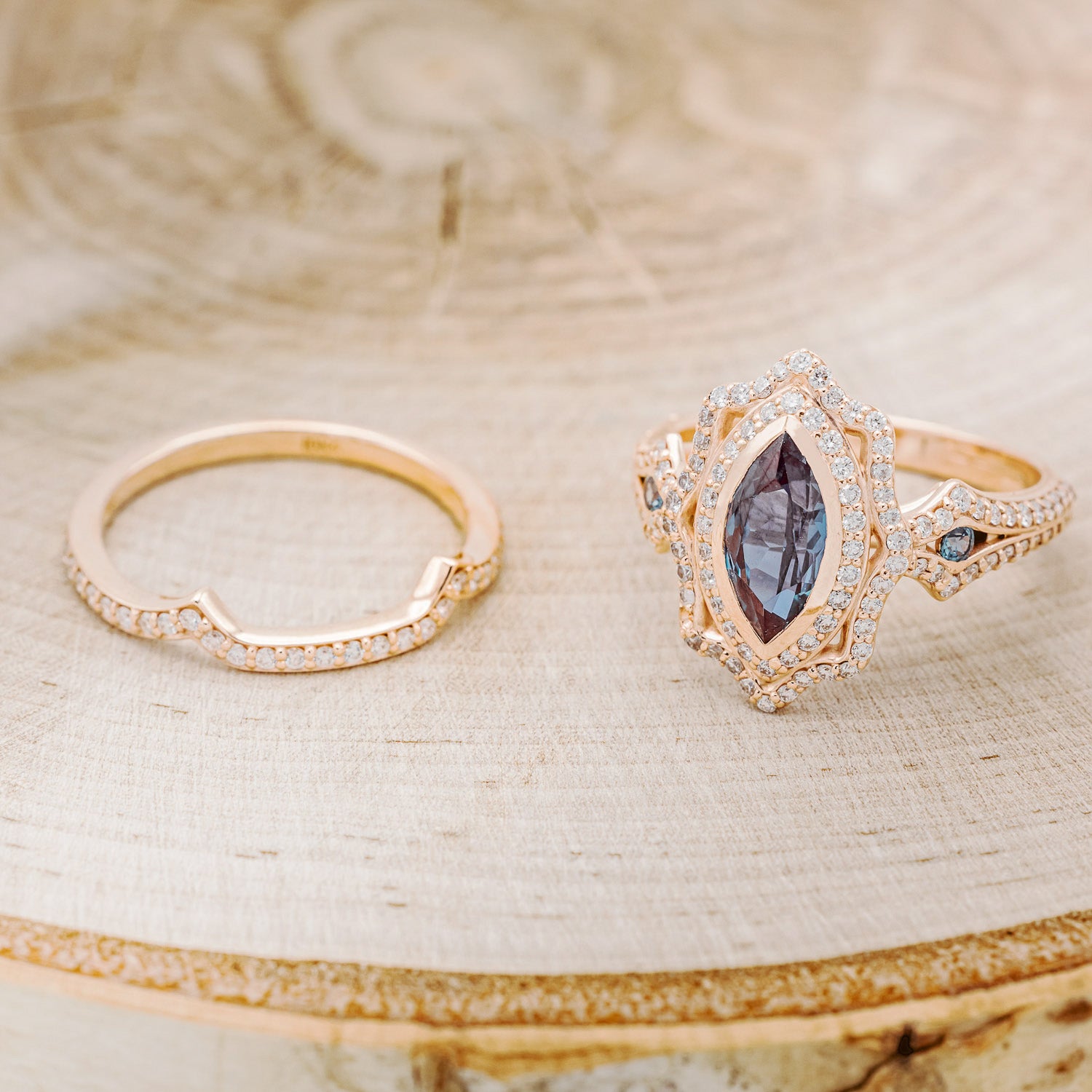 "ADELE" - MARQUISE LAB-GROWN ALEXANDRITE ENGAGEMENT RING WITH ALEXANDRITE ACCENTS, DIAMOND HALO & TRACER-6