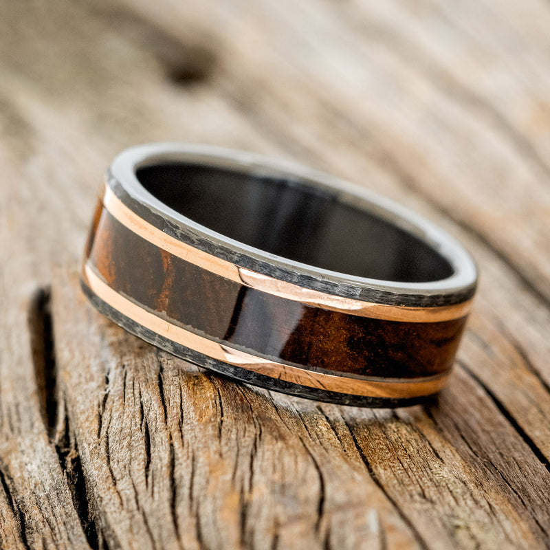 "HOLLIS" - IRONWOOD & 14K GOLD INLAYS WEDDING RING WITH A HAMMERED BLACK ZIRCONIUM BAND-2