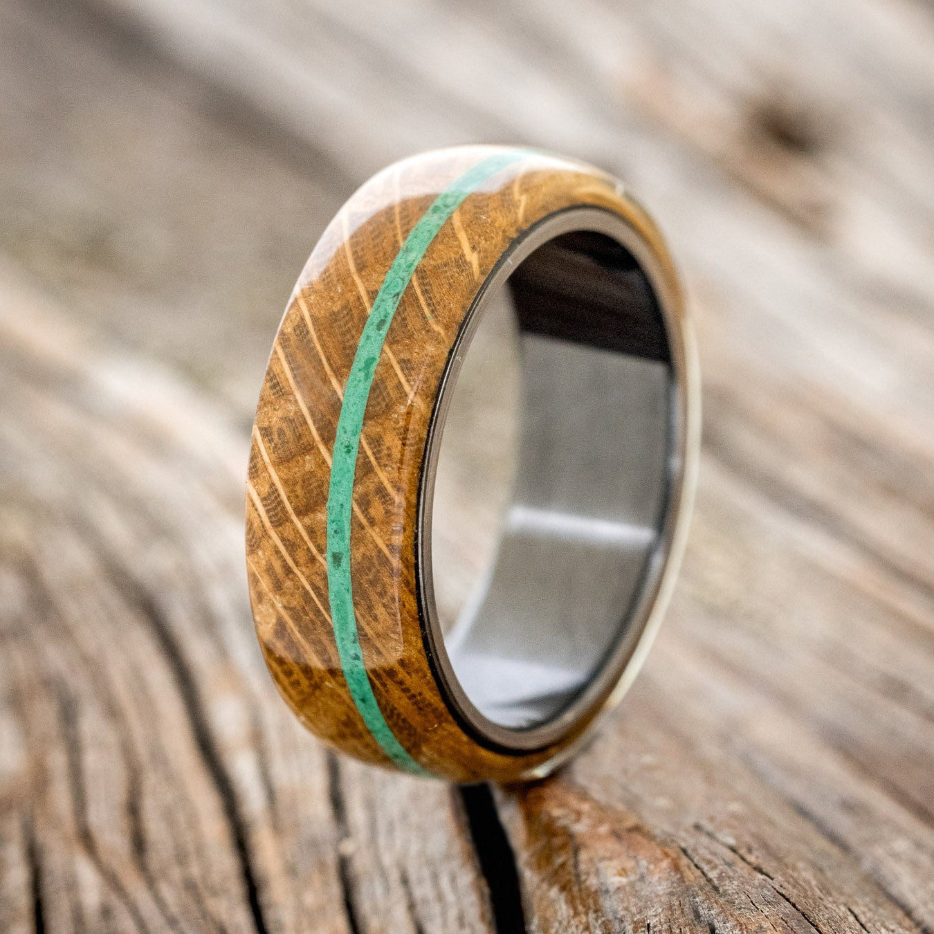 "REMMY" - WHISKEY BARREL OAK & MALACHITE WEDDING RING-1
