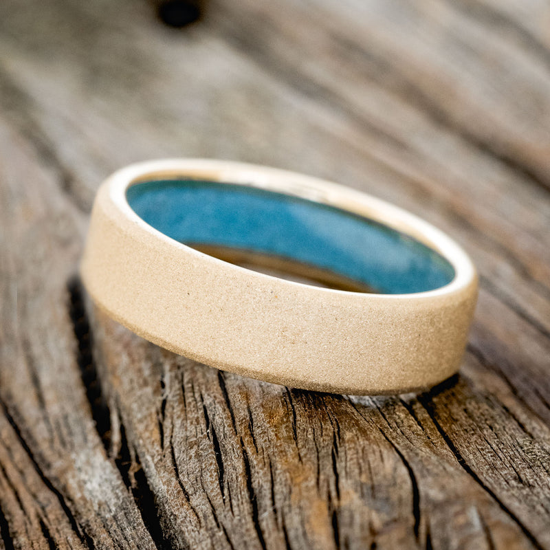 MATCHING SET OF SANDBLASTED 14K GOLD WEDDING BANDS WITH A TURQUOISE LINING