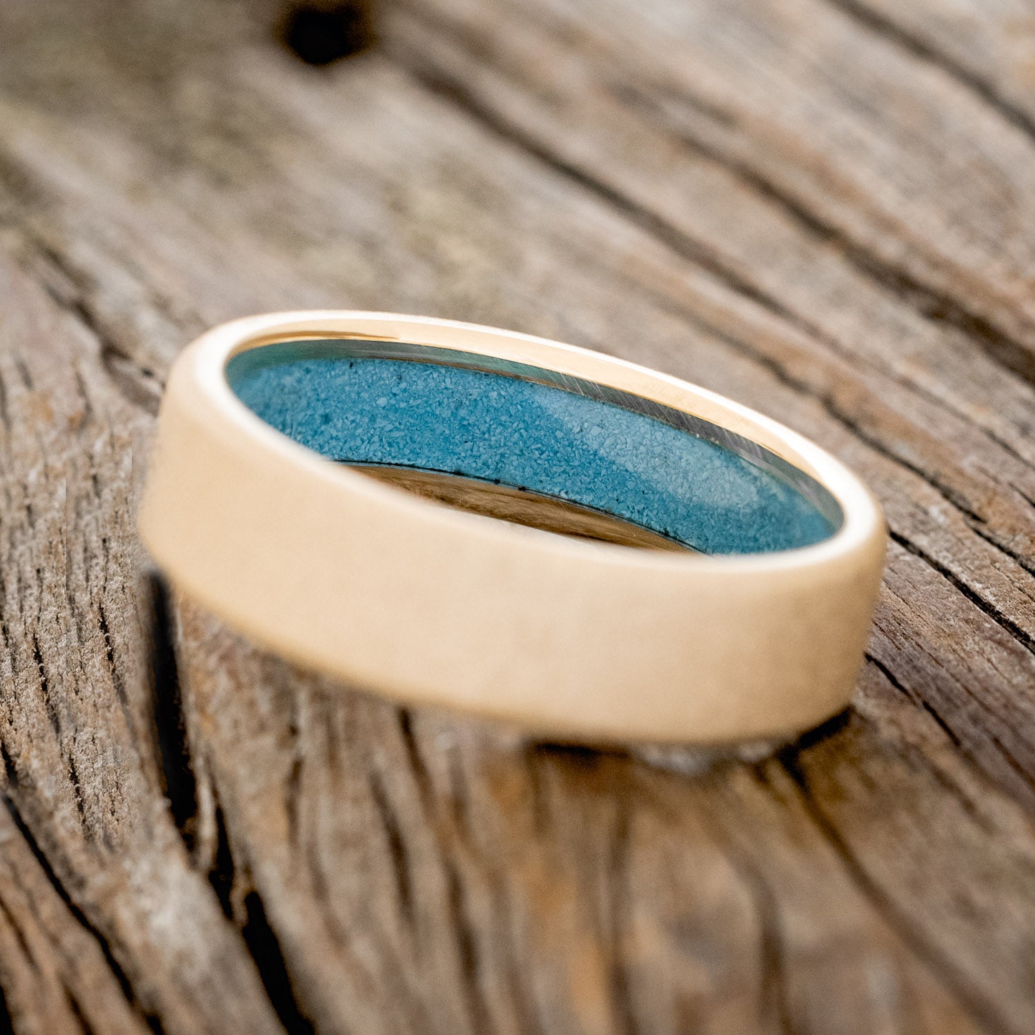 MATCHING SET OF SANDBLASTED 14K GOLD WEDDING BANDS WITH A TURQUOISE LINING-6