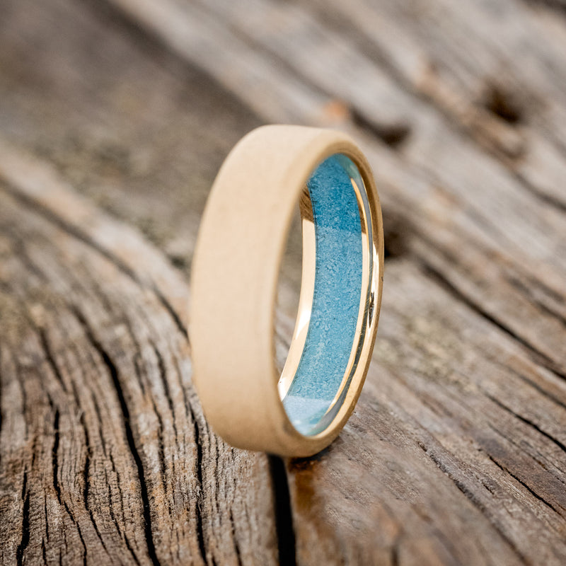 MATCHING SET OF SANDBLASTED 14K GOLD WEDDING BANDS WITH A TURQUOISE LINING