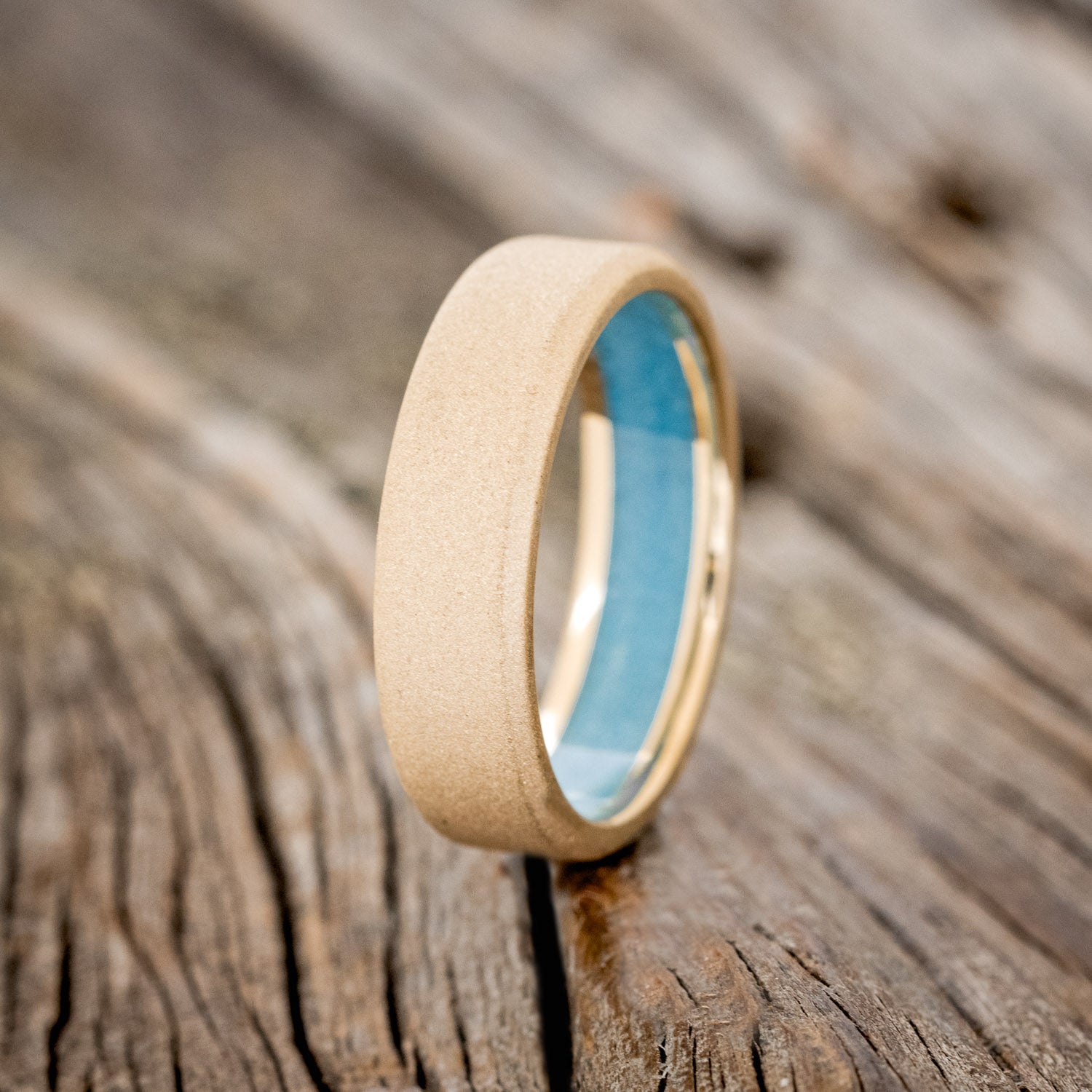 MATCHING SET OF SANDBLASTED 14K GOLD WEDDING BANDS WITH A TURQUOISE LINING-2