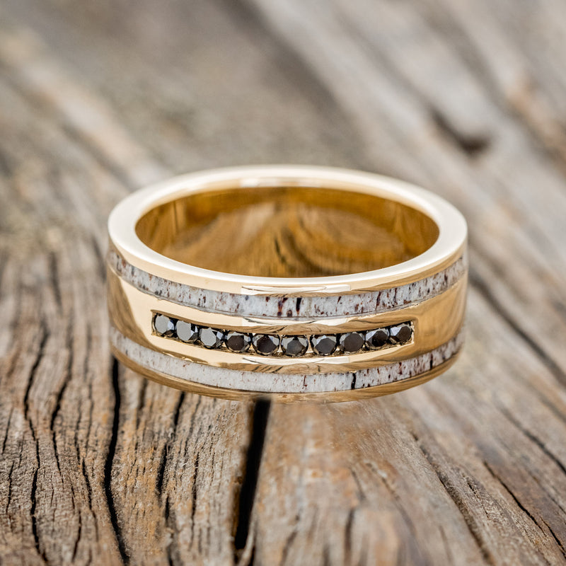 "RYDER" - BLACK DIAMONDS & ANTLER INLAYS WEDDING BAND-3