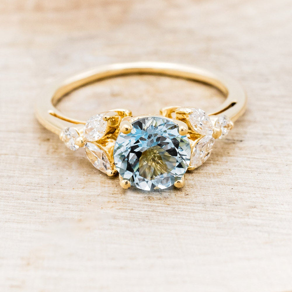 "BLOSSOM" - ROUND CUT AQUAMARINE ENGAGEMENT RING WITH LEAF-SHAPED DIAMOND ACCENTS-16