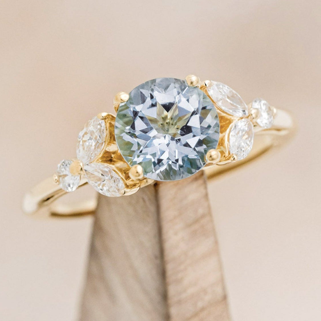 "BLOSSOM" - ROUND CUT AQUAMARINE ENGAGEMENT RING WITH LEAF-SHAPED DIAMOND ACCENTS-13