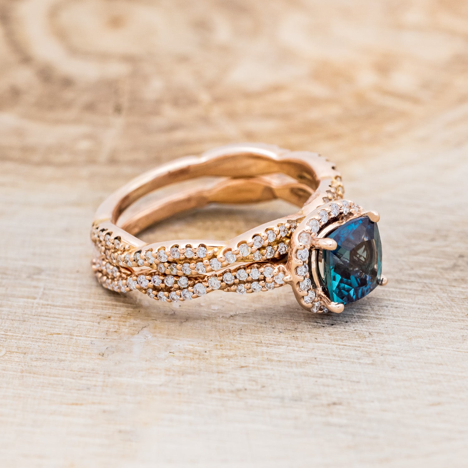 "KINLEY" - CUSHION CUT LAB-GROWN ALEXANDRITE ENGAGEMENT RING WITH DIAMOND HALO, ACCENTS & TRACER-2