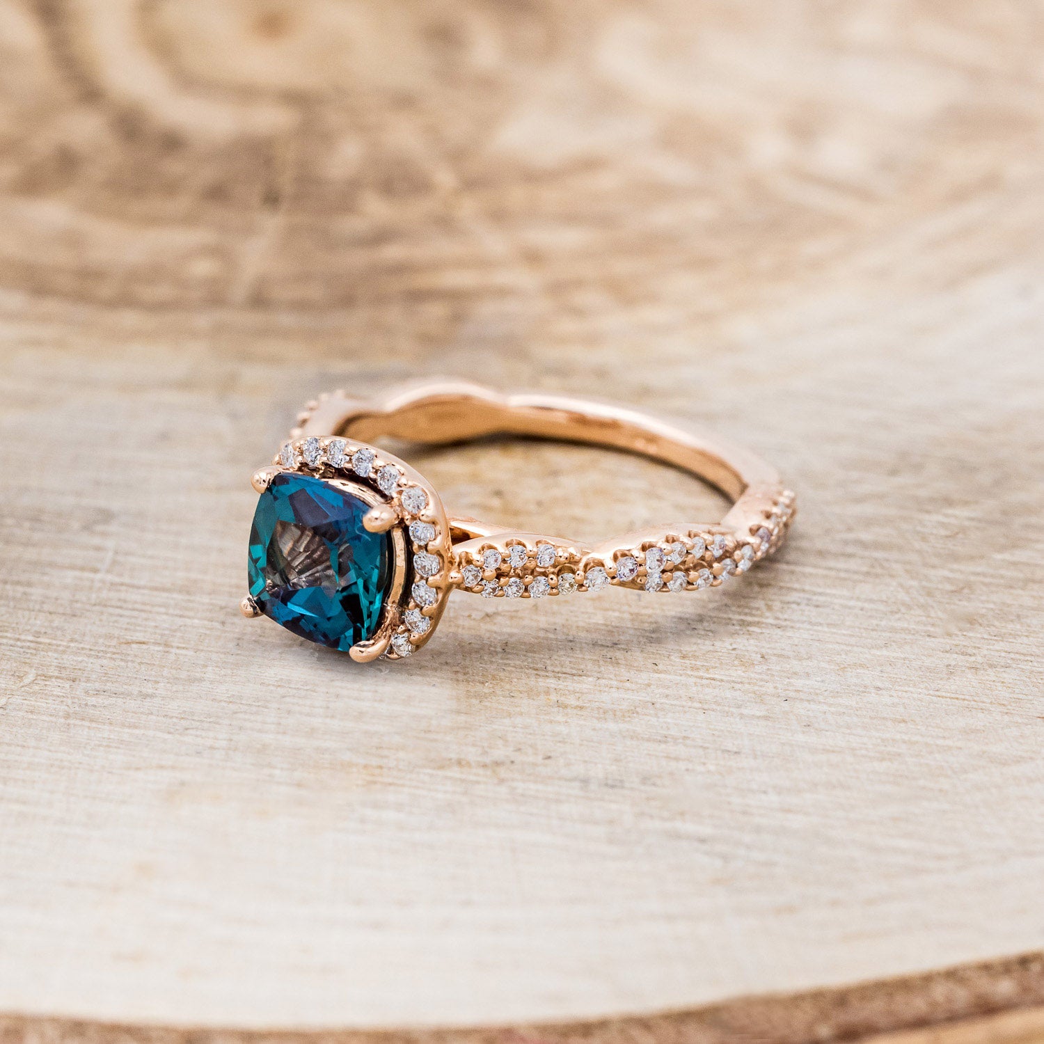 "KINLEY" - CUSHION CUT LAB-GROWN ALEXANDRITE ENGAGEMENT RING WITH DIAMOND HALO, ACCENTS & TRACER-9