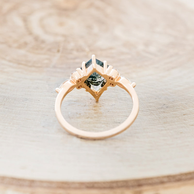 Shown here is "Sage", a moss agate women's engagement ring with diamond accents, back view. Many other center stone options are available upon request.