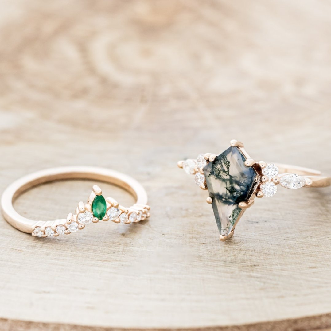 "SAGE" - KITE CUT MOSS AGATE ENGAGEMENT RING WITH DIAMOND ACCENTS & EMERALD TRACER-5