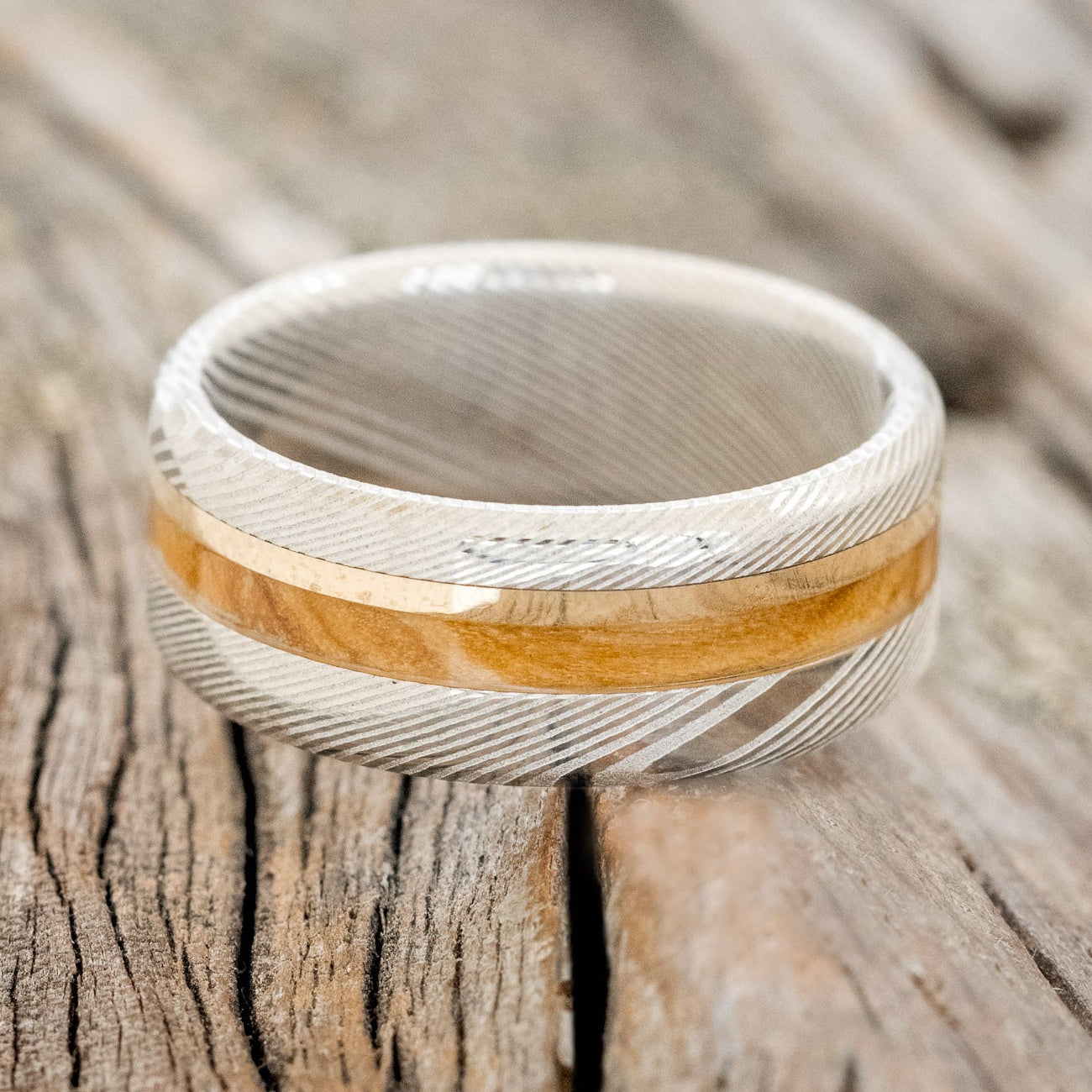 "ASHER" - BETHLEHEM OLIVE WOOD & A 14K GOLD INLAY WEDDING RING-6