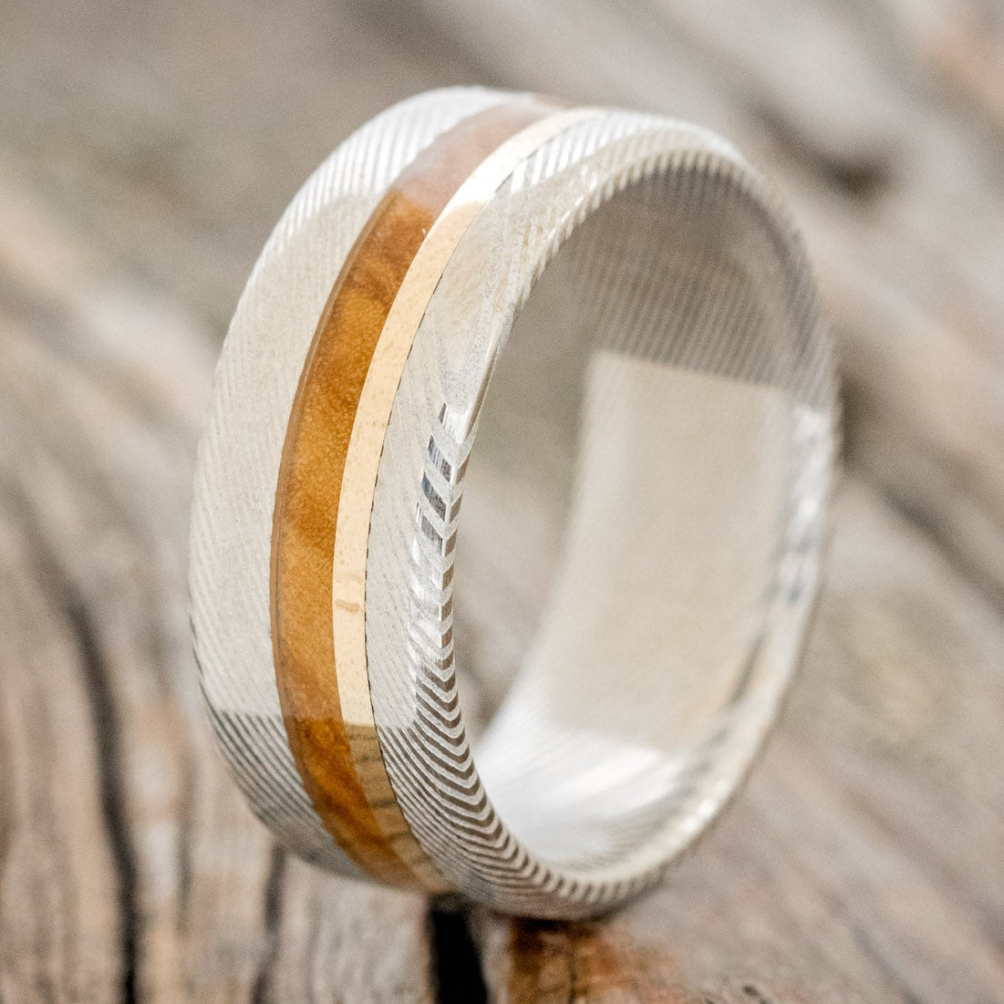 "ASHER" - BETHLEHEM OLIVE WOOD & A 14K GOLD INLAY WEDDING RING-4
