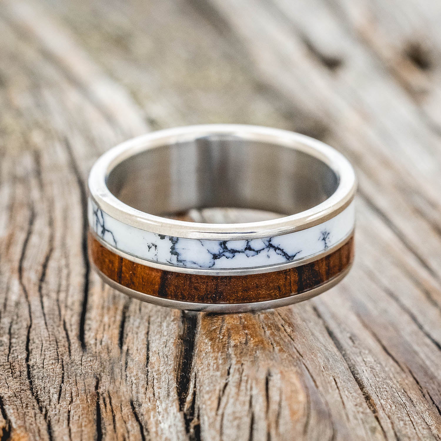 "DYAD" - IRONWOOD & WHITE TURQUOISE TRUSTONE WEDDING BAND-3